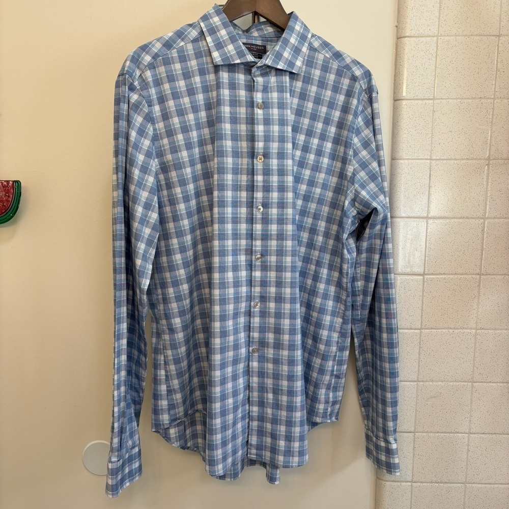 Van Heusen Mens Blue Plaid Button Down Shirt 17 36/37 Cotton Stretch Slim Fit